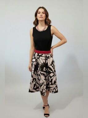 WHBM Dress w Black and White Floral Skirt, Black Jersey Top, & Pink Waist Bow, 4